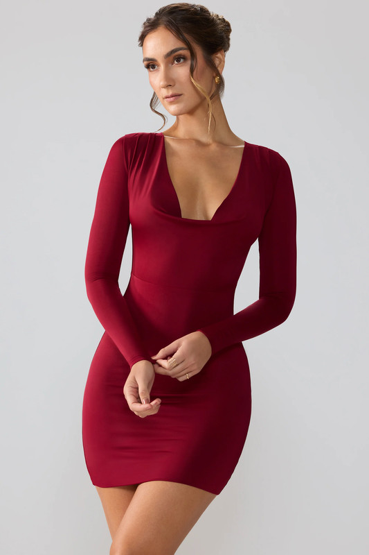 Slinky Jersey Long Sleeve Plunge Neck Mini Dress in Ruby - UK Size:10